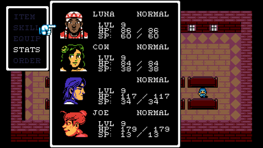A screenshot of Grimstone (from UFO 50) showing my posse (my RPG party): a spiritualist girl named Luna, a dancer girl named Cow, a guy with no name, and a red-haired woman named Joe. Every one is at level 9 and are at their fullest health and spirit.