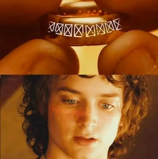 Meme of Frodo looking at the text on the One Ring. Except instead of elvish it's the box with an X inside that's shown when your device cannot display the unicode characters