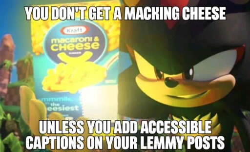 Picture of shadow the hedgehog holding kraft Mac and cheese captioned "you don't get a macking cheese unless you add accessible captions on your Lemmy posts"