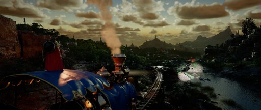 A caped figure in crimson red stands atop a blue steam locomotive, its smokestack billowing steam, as the train travels along curved tracks above a river. A sprawling fantasy landscape with distant towers, mountains, and lush vegetation stretches across the horizon beneath a golden sky.
