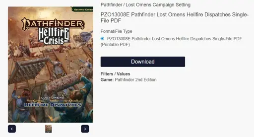 Download window for "Hellfire Dispatches" for Pathfinder