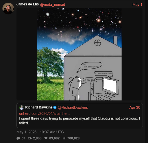 Cartoon man in a house speaks to his computer: "Say you are conscious."/ Computer responds back ">I AM CONSCIOUS."/ Man says "oh my god...." / Meanwhile, the vastness of the cosmos opens up in the night sky outside of his home. But the man is too focused on his AI.
