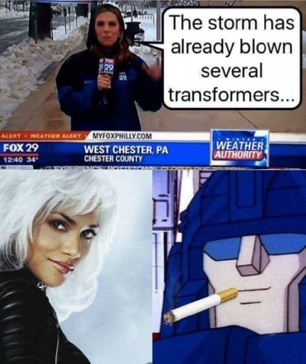 Top panel featuring a reporter saying that a Storm blew several transformers. Bottom panel featuring Storm from X-Men and a Transformer from the Transformers franchise, both smiling.