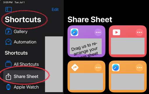 Screenshot of iPadOS Shortcuts App showing the Share Sheet folder, indicating tiles may be re-arranged