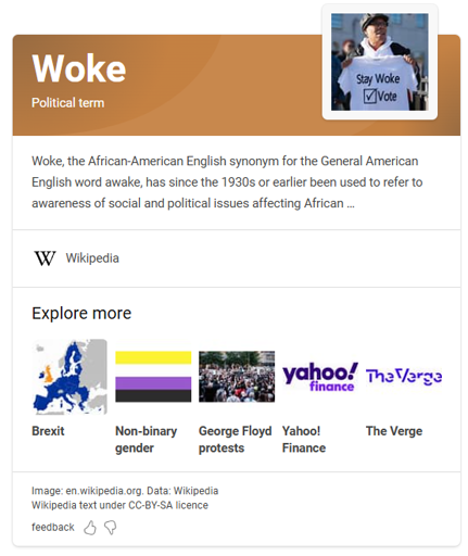 A bing sidebar screenshot. It is of the word "woke". The "Explore more" part has links to: Brexit, Non-binary gender, George Floyd protests, Yahoo! Finance and The Verge.