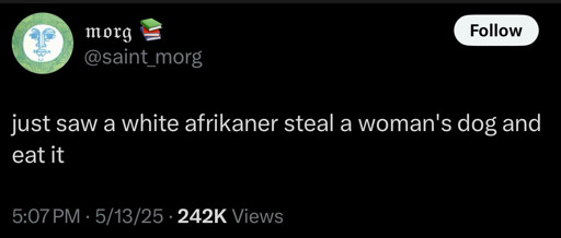 Tweet: 

morg @saint_morg

just saw a white afrikaner steal a woman's dog and eat it

5:07 PM • 5/13/25