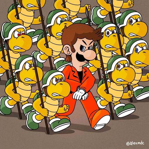 A picture of Luigi from the Super Mario video game franchise, dressed in an orange jumpsuit and flanked by a group of Koopa Troopas