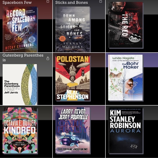 book covers featuring authors: Becky Chambers, Seanan McGuire, Linda Nagata, Jeff Jarvis, Neal Stephenson, Octavia E Butler, and Kim Stanley Robinson. More in post.