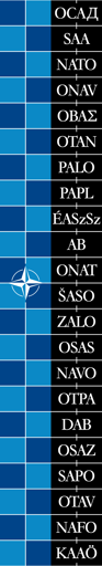 Extended NATO logo. There is still just one compass but the light/dark blue checkerboard pattern continues for 22 rows, and instead of NATO and OTAN, the following is written in the right half: ОСАД, SAA, NATO, ONAV, ΟΒΑΣ, OTAN, PALO, PAPL, ÉASzSz, AB, ONAT, ŠASO, ZALO, OSAS, NAVO, OTPA, DAB, OSAZ, SAPO, OTAV, NAFO, KAAÖ. See table below for list of languages and what the acronyms stand for.