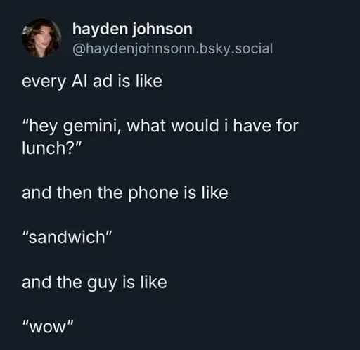 every AI ad is like "hey gemini, what would i have for lunch?" and then the phone is like "sandwich" and the guy is like "wow"