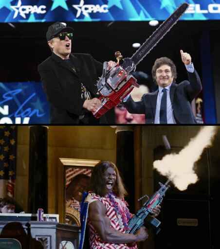 Top picture: A picture of Elon Musk on stage at CPAC holding Argentina's President Milei's chainsaw. Bottom picture: Terry Crews as Dwayne Elizondo Mountain Dew Herbert Camacho from the movie Idiocracy shooting an assault rifle on stage.